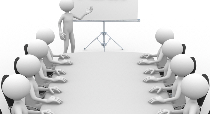 3d people - man, person at conference table and a flipchart. Plan