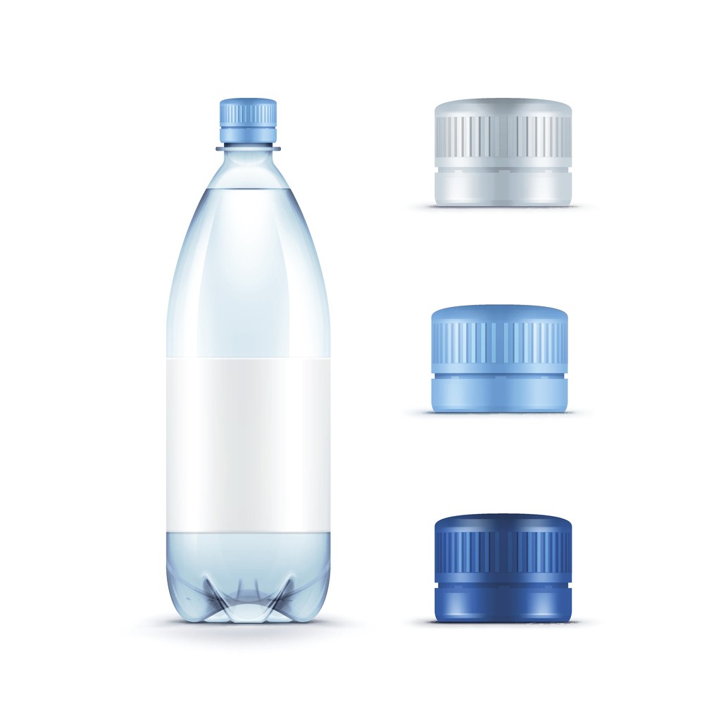 Blank Plastic Blue Water Bottle with Set of Caps Isolated