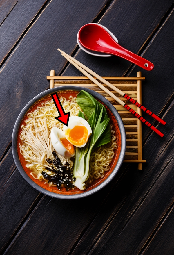 Ramen Asian noodles with egg, enoki and pak choi cabbage