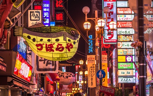 Restaurants and vibrant nightlife of Dotonbori district, Osaka,