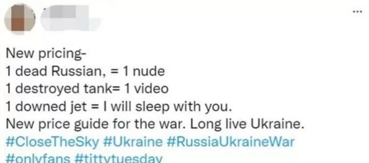 한 성인 모델이 러시아산 제품 불매 운동에 동참하면서 러시아 군인들과 성관계를 할 것이라고 밝혀 화제가 되고 있다. 지난달 25일 성인 전용 모델인 릴리 썸머는 자신의 트위터를 통해 새로운 가격표를 공개했다. 릴리 �