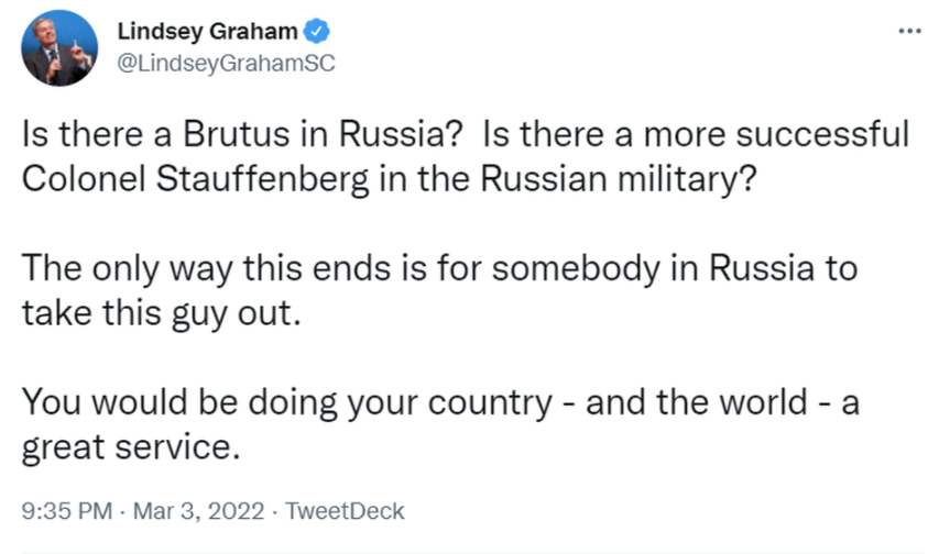 전쟁에 정신이 나간 듯한 러시아 푸틴 대통령의 행보가 이어지자, 미국 상원의원이 푸틴의 암살을 촉구하는 글을 올렸다. 미국 공화당 상원의원 린지 그레이엄은 자신의 트위터에 직접적으로 푸틴의 암살을 촉구하는