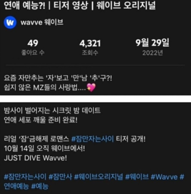 요즘 연애 예능 프로그램 웨이브 잠만 자는 사이 티저 영상 공개 화제