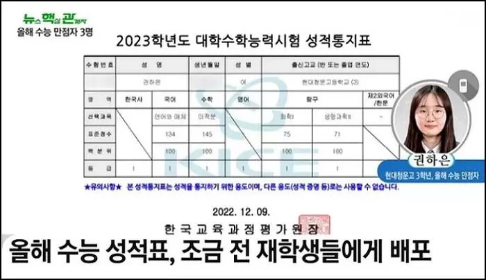 2023 수능 전국 수석을 차지한 권하은 양 성적표의 모습