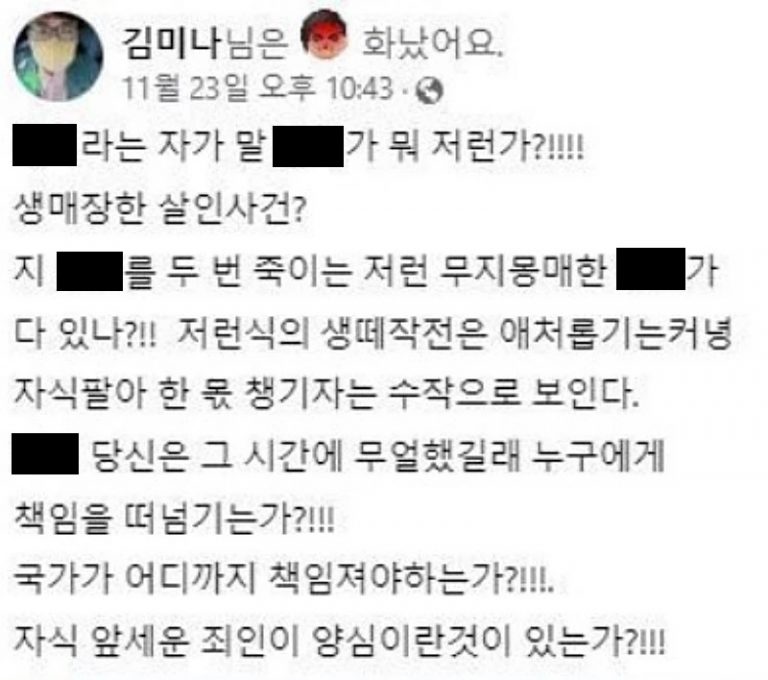 이태원참사 유족 인터뷰를 보고 비아냥거리는 김미나 창원시의원 페이스북