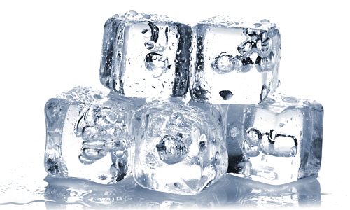 Melting ice cubes with air bubbles inside on white background