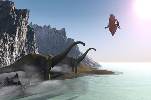Two Diplodocus dinosaurs and a pterodactyl come to the shore for a drink of water