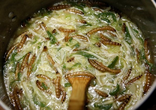 Worms-are-cooked-with-vegetables-before-they-are-used-for-making-spring-rolls-at-Ramen-Nagi-restau