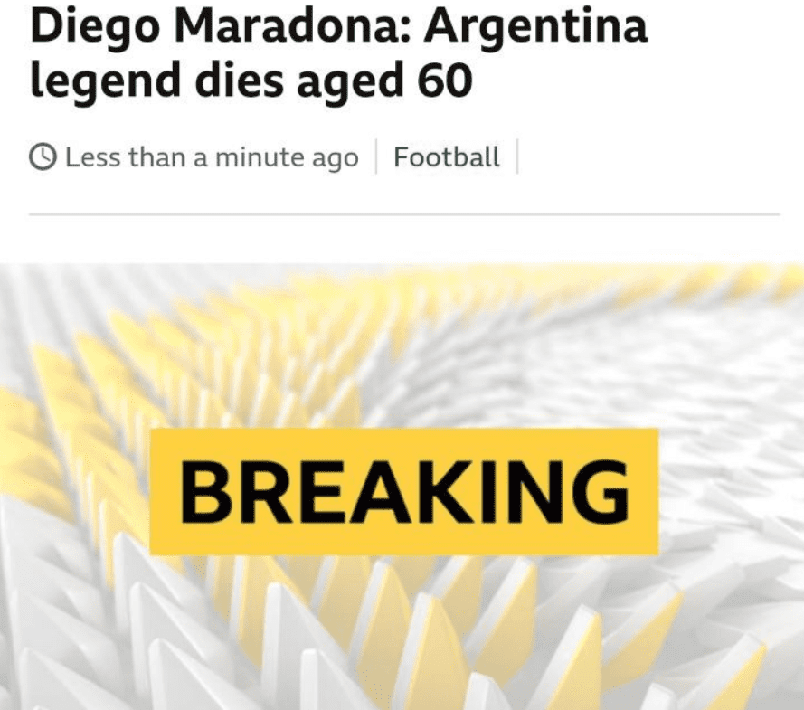 역대 최고 축구 선수 중 한 명이었던 아르헨티나의 디에고 마라도나가 사망했다. 향년 60세.
26일 새벽 1시 30분(한국시간) CNN과 BBC 등 해외 언론을 일제히 속보를 통해 마라도나의 사망 소식을 전했다.
현재까�